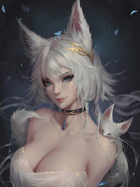 Anime wolf girl with white hair